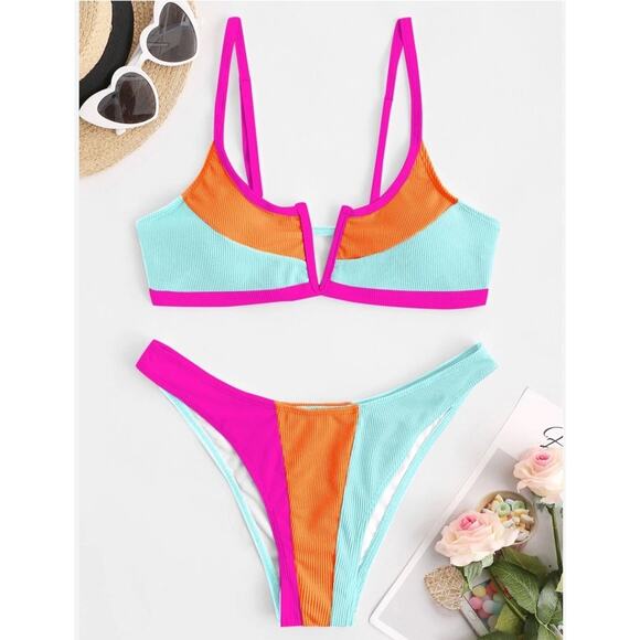 Zaful Women's V-Wired Bikini Pink Blue‎ Colorblock Ribbed 2 Piece Swimwear L - Picture 1 of 10
